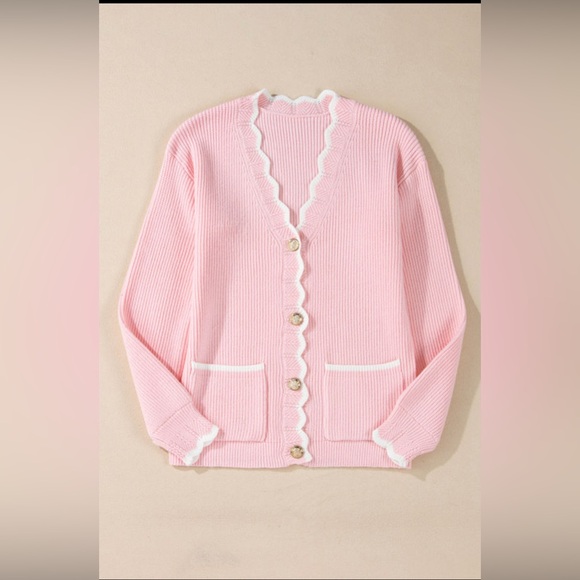 Kaylee- pink ribbed knit scalloped edge sweater cardigan - Picture 2 of 5